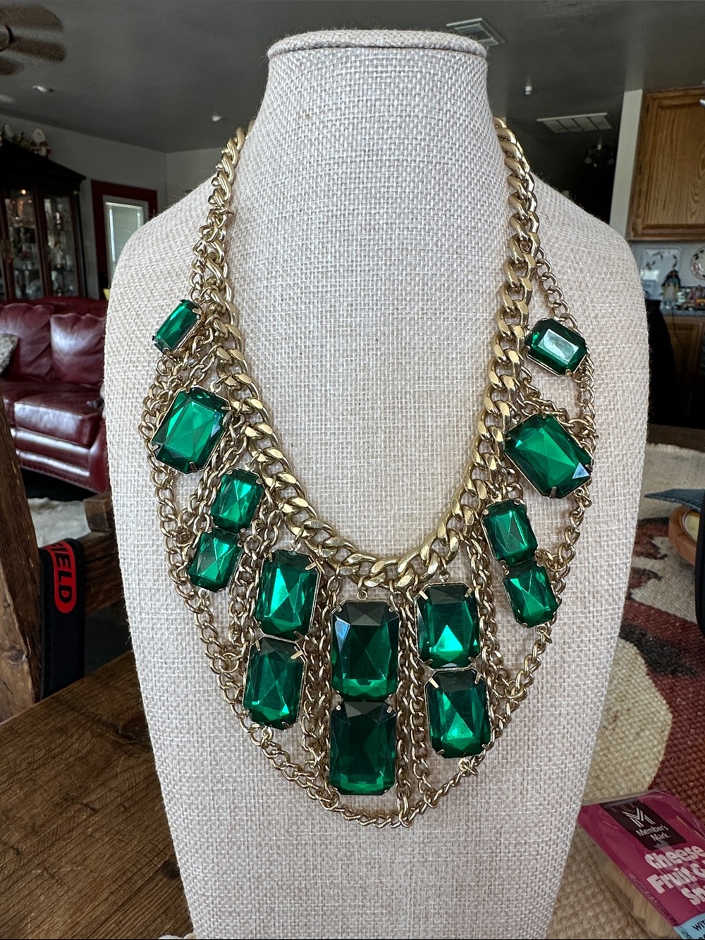Gold Chain Statement Necklace with Emerald Green Gemstones